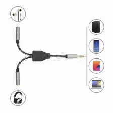 Cable De Audio Manhattan Adaptador De Auriculares En “y” De Un Plug A 2 Salidas 3.5 Mm, 3,5mm, Macho, 2 X 3.5mm, Hembra, 0.15 M, Negro, Plata