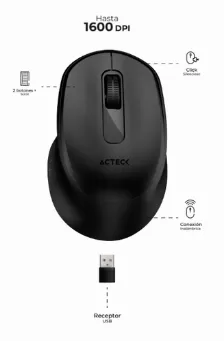  Mouse Optico Inalambrico Acteck Optimize Ergo Mi470, 1600dpi, Click Silencioso, 2.4ghz, Receptor Usb, Incluye Bateria Aa, Color Negro