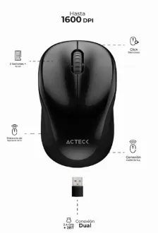  Mouse Optico Inalambrico Acteck Optimize Trip Mi480, Diseno Portable, 1600 Dpi, Receptor Usb, Color Negro