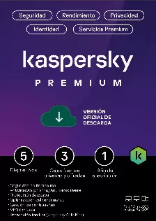 Licencia Kaspersky Premium + Customer Support / 5 Dispositivos / 3 Cuentas Kpm / 1 Ano / Base
