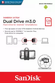 Memoria Usb Sandisk Ultra Dual M3.0 128 Gb, 3.2 Gen 1 (3.1 Gen 1), Factor De Forma Deslizar, Color Negro, Plata, Transparente